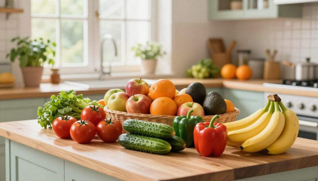 A bright and inviting kitchen filled with an abundance of fresh fruits and vegetables. In the foreground, a wooden countertop showcases an array of colorful produce including ripe tomatoes, crisp green cucumbers, vibrant bell peppers, and a bunch of bananas. In the middle ground, there are neatly organized baskets overflowing with seasonal fruits like apples, oranges, and avocados. The background features warm, natural light streaming through a large window, creating a cheerful atmosphere. The cabinets are painted in soft pastel colors, and there are potted herbs on the windowsill. The overall mood is fresh and healthy, inspiring a sense of wellness and family togetherness in food preparation.