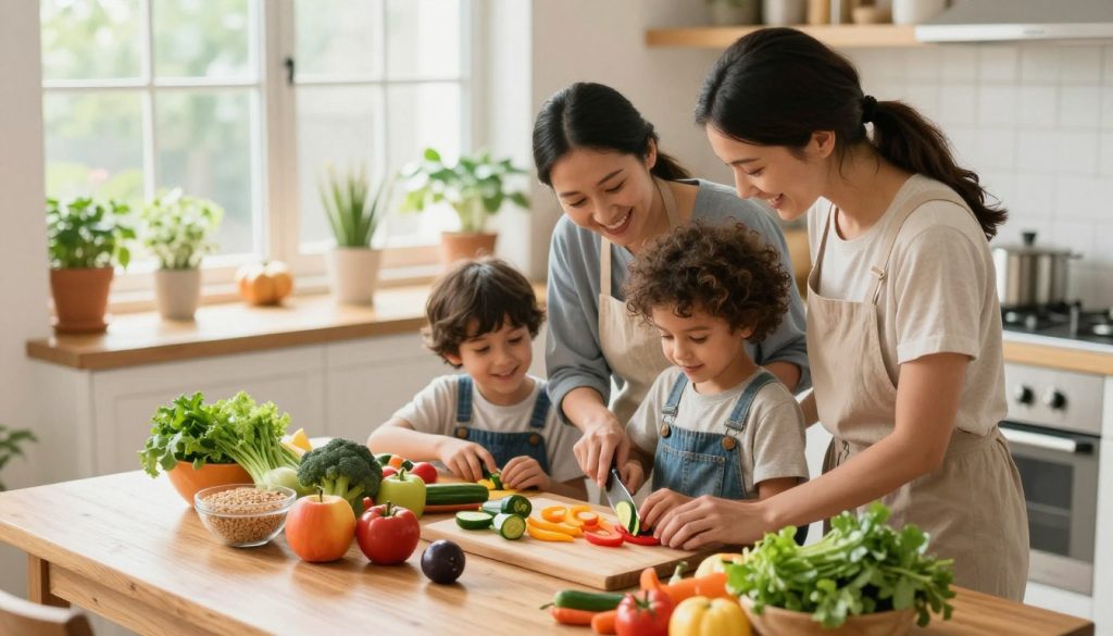 A bright, cheerful kitchen scene filled with a diverse family enjoying a cooking session together. In the foreground, a mother and father guide their two children as they chop colorful vegetables, showcasing teamwork and learning. The middle ground features a wooden dining table adorned with various nutritious ingredients: fresh fruits, whole grains, and leafy greens, emphasizing healthy meal prep. The background reveals a sunlit window with plants and herbs for a cozy, inviting atmosphere. The lighting is warm and inviting, creating an uplifting mood. Capture this scene from a slightly elevated angle to include both family interaction and the bright, colorful food, highlighting the joy of preparing nutritious meals together.