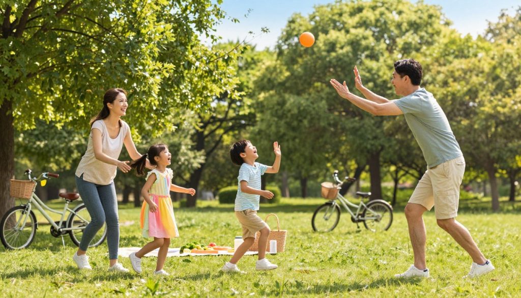 A cheerful family engaging in outdoor physical activities on a sunny day in a park. In the foreground, a father and mother are playing catch with their young kids, who are laughing and running. The father, dressed in a comfortable t-shirt and shorts, gestures enthusiastically to his daughter, who is wearing a bright summer dress. The mother, in a casual top and leggings, encourages her son who is trying to catch the ball. In the middle ground, a picnic blanket with healthy snacks can be seen, along with bicycles parked nearby. The background features lush green trees and a clear blue sky, creating a warm and inviting atmosphere. Soft sunlight filters through the leaves, enhancing the joyful mood of family bonding and active lifestyle.