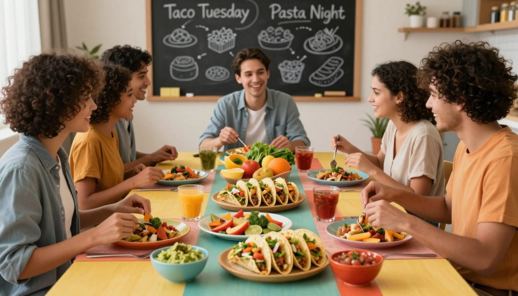 A colorful dining table is set for a meal planning theme night, showcasing an array of delicious dishes, vibrant fruits, and vegetables, arranged in a visually appealing manner. In the foreground, a beautifully prepared taco bar with various toppings and garnishes, complemented by bowls of guacamole and salsa. The middle layer features a family, dressed in modest casual clothing, joyfully discussing meal options and selecting ingredients. In the background, a chalkboard displays various theme night ideas, like "Taco Tuesday" and "Pasta Night," with sketches of related foods. Warm, inviting lighting creates a cozy atmosphere, while a slightly blurred kitchen can be seen, emphasizing a casual homey feel. The overall mood is upbeat and fun, inspiring creativity and collaboration in meal planning.