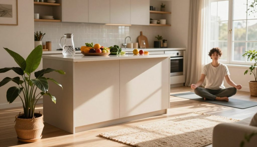 A cozy, inviting home interior that embodies health optimization. In the foreground, a well-organized living space features a potted indoor plant and a soft, natural rug. The middle ground showcases a modern kitchen with fresh fruits and vegetables on the countertop, blending functionality and wellness; a crystal-clear water pitcher reflects sunlight. The background reveals a large window with warm, natural light pouring in, illuminating soothing earth tones and textures throughout the decor. Soft shadows enhance the tranquil atmosphere, creating a sense of peace and harmony. A single individual dressed in smart casual attire is seen practicing yoga in a sunlit corner, embodying the theme of holistic well-being.