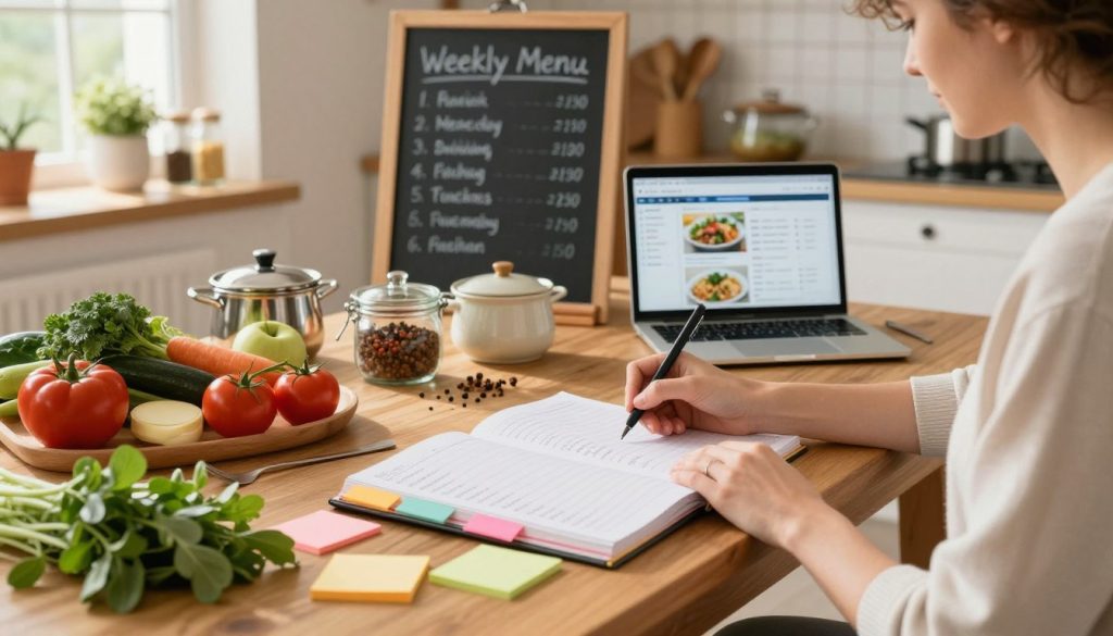 A cozy kitchen scene depicting a weekly menu planning session. In the foreground, a beautiful wooden table covered with an open planner, colorful sticky notes, and fresh ingredients like vegetables, fruits, and herbs. A person in modest casual attire, focused and organized, sits at the table writing down meal ideas. In the middle ground, a chalkboard displays a neatly written weekly menu, surrounded by pots of cooking spices and a laptop displaying meal planning software. The background features warm, natural lighting streaming in through a window, highlighting kitchen details such as utensils and plants, creating a welcoming atmosphere. The overall mood is inspiring and productive, embodying the essence of healthy family meal planning.