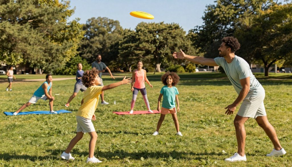 A vibrant family engaging in various exercise activities in a sunny park setting. In the foreground, depict a diverse family of four—mom, dad, and two children—playing frisbee, smiling, and showing enthusiasm. The mother, in a comfortable athletic outfit, is catching the frisbee while the father, wearing a matching ensemble, prepares to throw. The children are dressed in bright, modest casual clothing, energetically cheering each other on. In the middle ground, other families are seen jogging and practicing yoga on colorful mats. The background features green trees and a clear blue sky, illuminated by warm sunlight, evoking a cheerful and healthy atmosphere. Capture the scene from a slightly elevated angle to encompass the park ambiance, focusing on connection and family bonding through fitness.