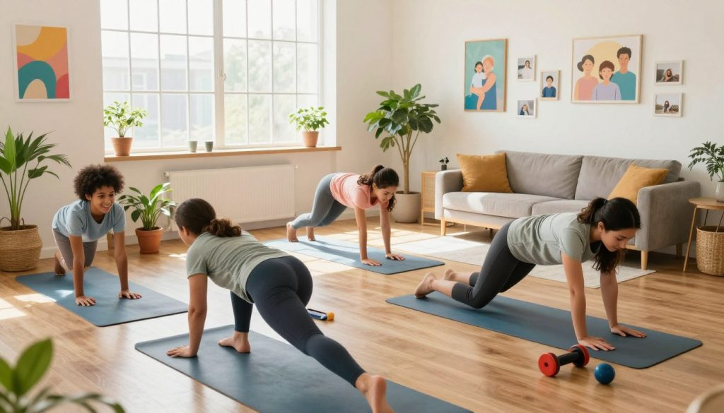 A vibrant indoor scene illustrating a holistic household focused on health and activity. In the foreground, a diverse family engages in fun exercises, including yoga and stretching, dressed in comfortable, modest athletic wear. The middle ground features a sunlit living area with potted plants, yoga mats, and fitness equipment neatly arranged. In the background, large windows allow natural light to pour in, creating a warm and inviting atmosphere. The room is decorated with colorful artwork and family photos that promote togetherness. Soft, natural lighting enhances the feeling of tranquility and motivation. The overall mood is energetic, active, and uplifting, reflecting a balanced lifestyle where health and family are prioritized.