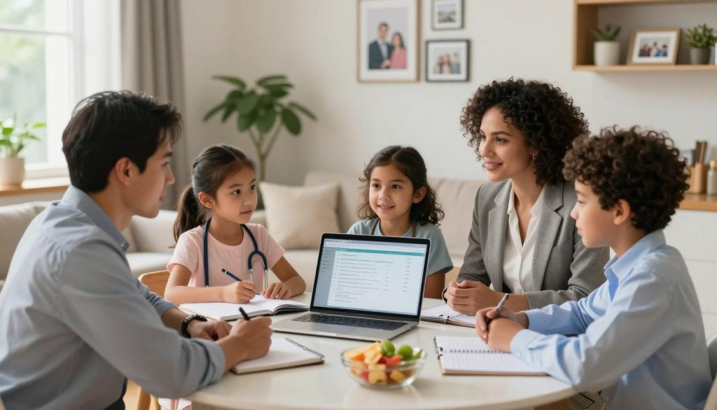 A warm and inviting family healthcare setting, focusing on a diverse family of four: a father, mother, daughter, and son, all dressed in professional business attire. In the foreground, they are gathered around a kitchen table, discussing health goals with an engaged expression. In the middle ground, a laptop displaying health resources is open, surrounded by notebooks and healthy snacks. The background features a well-lit, cozy living room with family photos and plants, adding to the homely atmosphere. Soft, natural lighting filters through a nearby window, creating a sense of warmth and collaboration. The overall mood is one of teamwork, understanding, and a commitment to holistic wellness, illustrating a family-centered approach to healthcare.