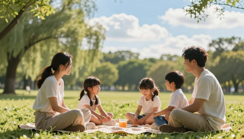 A warm and inviting family scene focused on wellness and mental health. In the foreground, a diverse family of four—parents and two children—engaged in a relaxing outdoor activity, sitting together on a picnic blanket. The parents are dressed in modest casual clothing, and the children are smiling and playing slightly off to the side. In the middle ground, a serene park setting with soft green grass and gently swaying trees, creating a sense of tranquility. The background features a bright blue sky with fluffy white clouds, symbolizing hope and positivity. Soft, natural lighting casts a warm glow on the scene, enhancing the feeling of togetherness and well-being. The overall mood is peaceful and supportive, reflecting the importance of managing stress and mental health as a family unit.